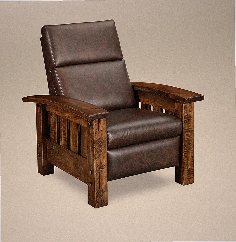 Amish Rustic Recliner Chair Rough Sawn Solid Wood Lodge Style Tenons Leather