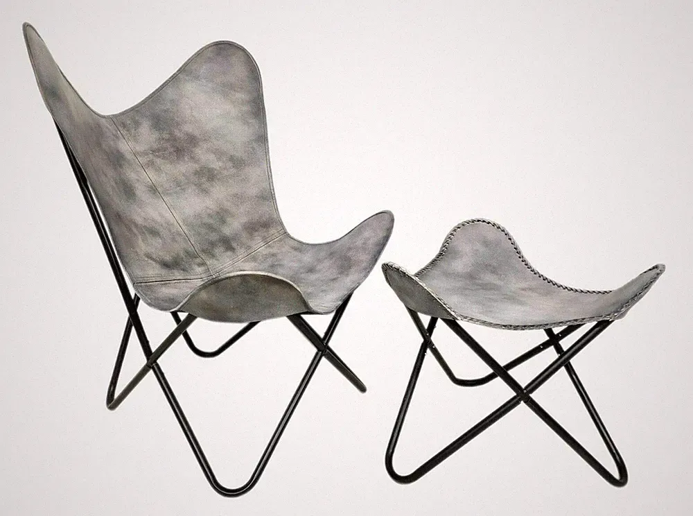 Buffalo Leather Butterfly Folding Lounge Chair with Footstool Rustic Plw