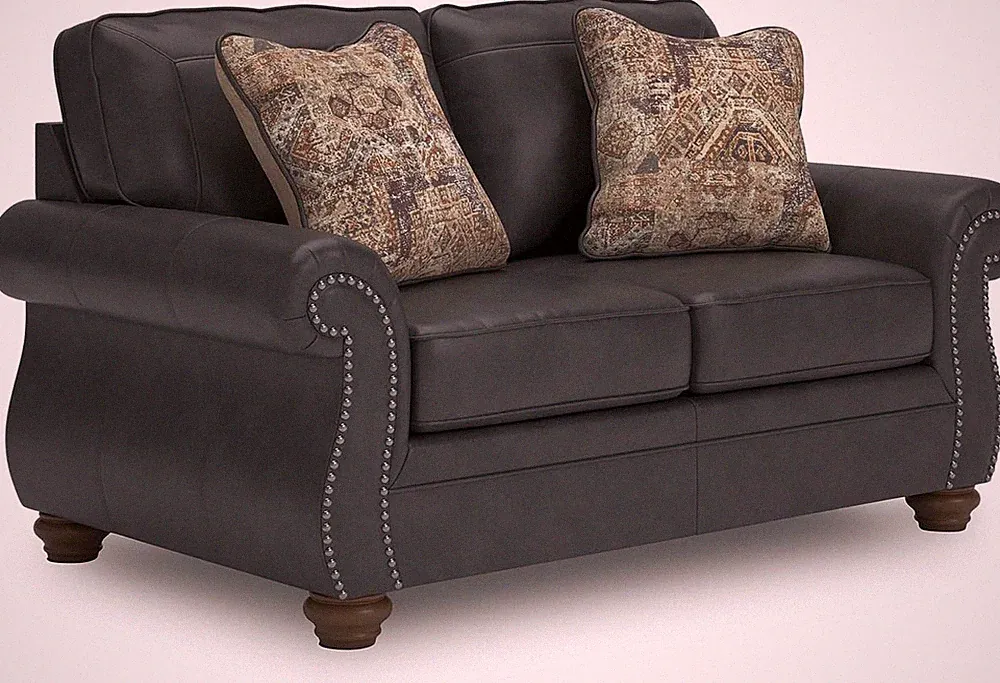Chatterton Rustic Faux Leather Loveseat with Nailhead Trim and 2 Throw Pillows