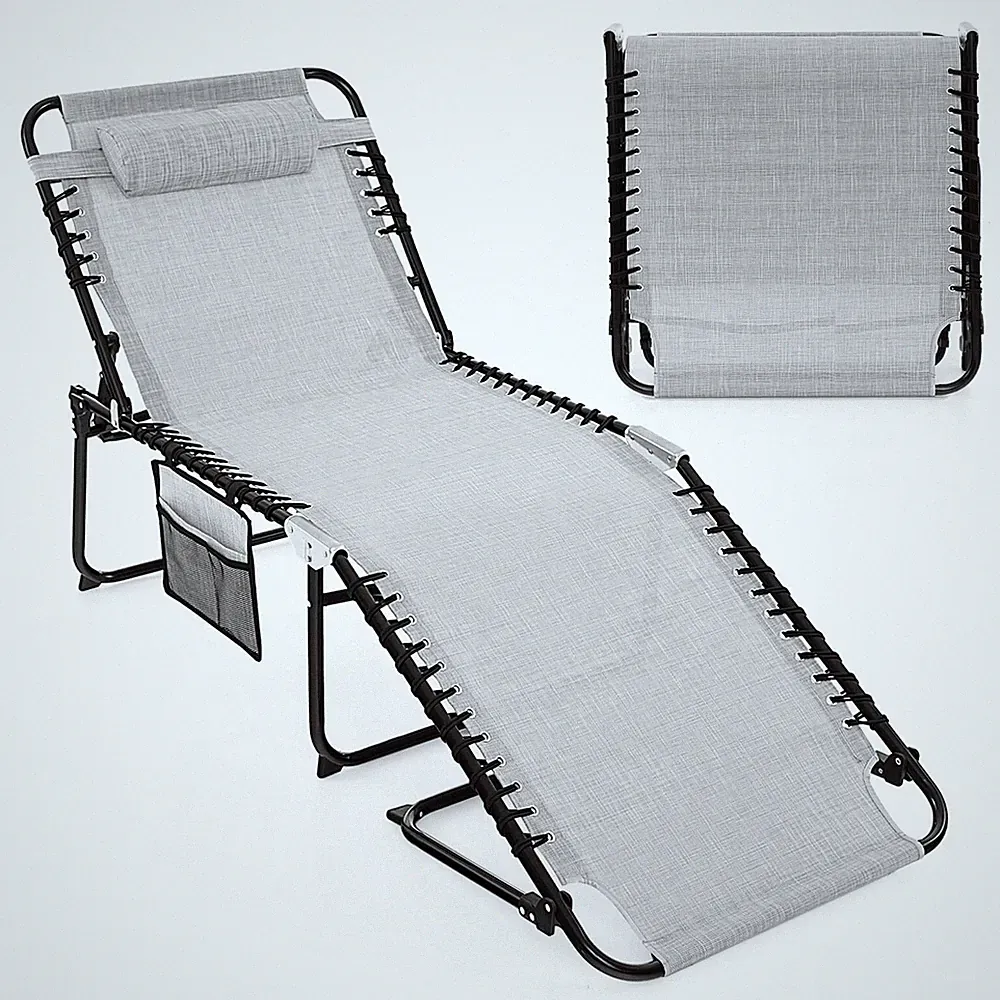 Folding Lounge Chaise Chair 4 Position Patio Recliner w/Pillow Sunbathe Chair