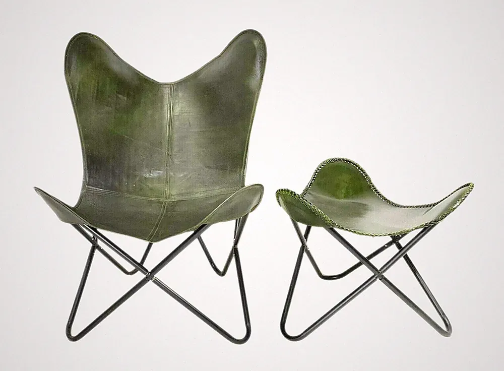 Green Leather Buffalo Vintage Butterfly Chair Folding With Rest Chair Footstool