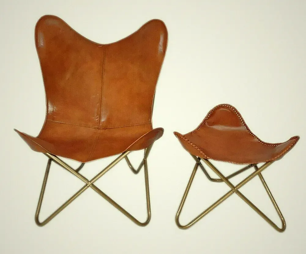Leather Butterfly Chair Rustic Tan Handmade Folding Lounge with Footstoolpl