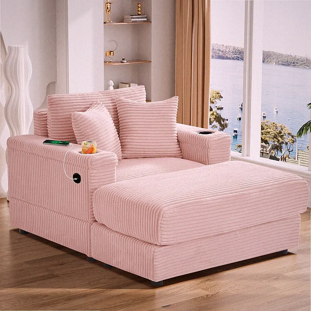 Modern 42" W Oversized Chaise Lounge Sofa Chair with USB, Cup Holder & Ottoman