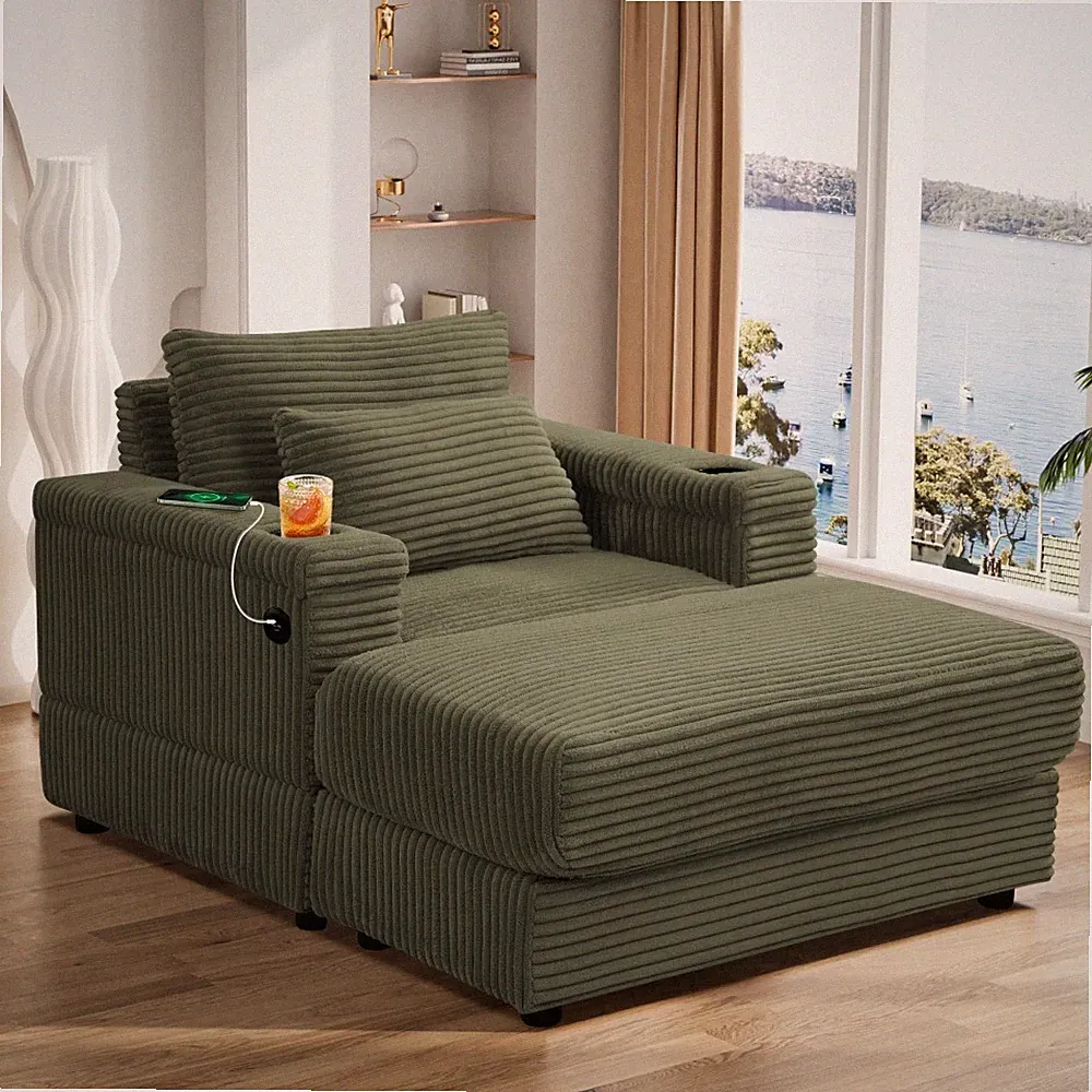 Oversized Chaise Lounge Chair Sofa Comfy Couch with USB, Cup Holder & Ottoman