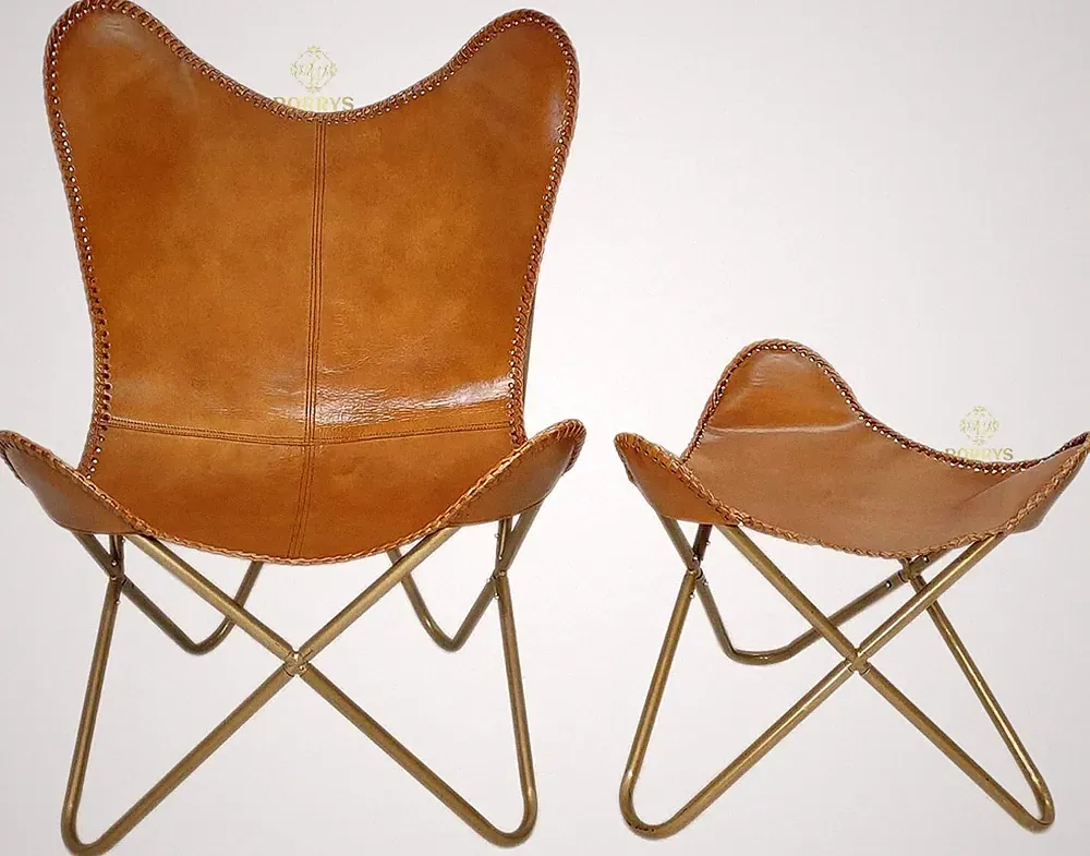 Genuine Leather Butterfly Folding Lounge Chair with Rest Footstool Set Plw
